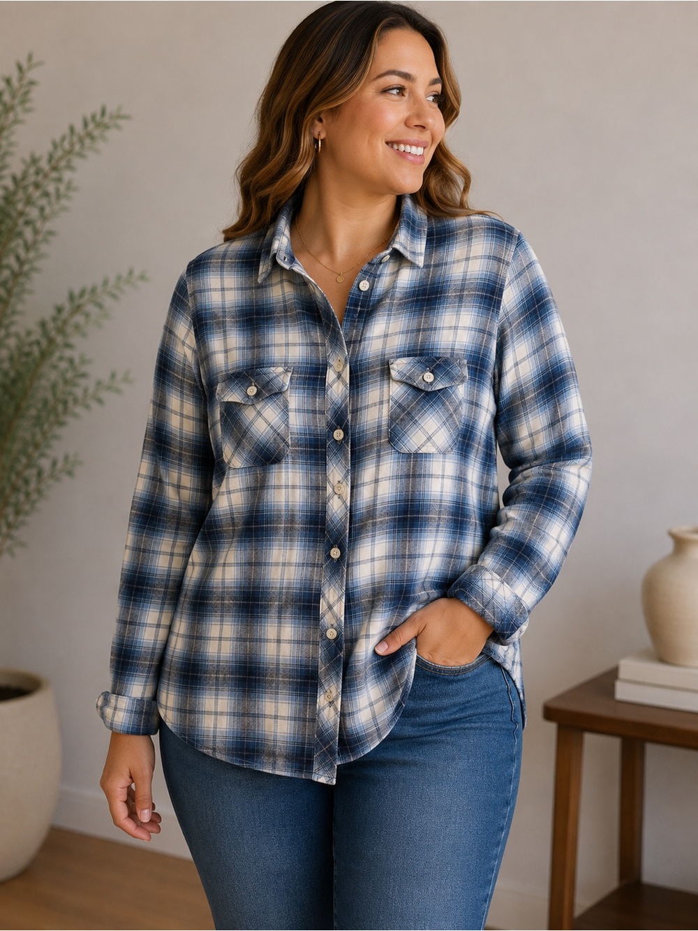 Weatherproof Vintage Women’s Blue Plaid 100% Cotton Button-Up Flannel size Lg